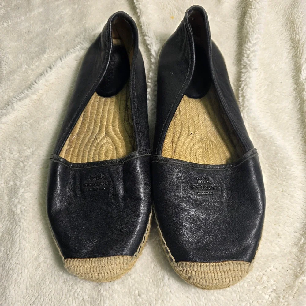 Coach Rhodelle Espadrille Black Leather Logo Flat Women 8.5B Excellent